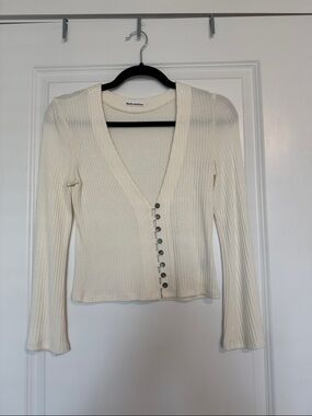 Reformation Cream Ribbed V-Neck Button-Front Long Sleeve Top
